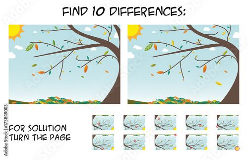 Child game - find 5 differences in pictures; with step by step solution; picture with autumn landscape during sunny day; colorful leaf