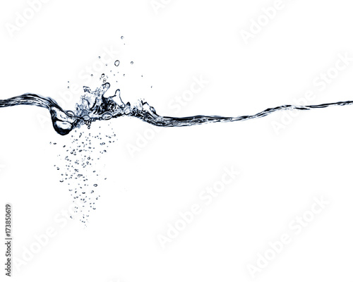 Blue water splash, water drops and bubbles isolated on white