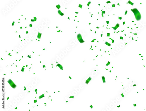 Celebration background template with confetti and green ribbons. Holiday Decorative Tinsel Element for Design