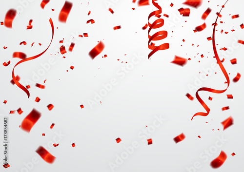 Celebration background template with confetti and red ribbons. Vector illustration