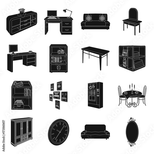 Coffee maker, sofa, mirror, table service in the restaurant and other web icon in black style isometric. Interior and office furniture icons in set collection.
