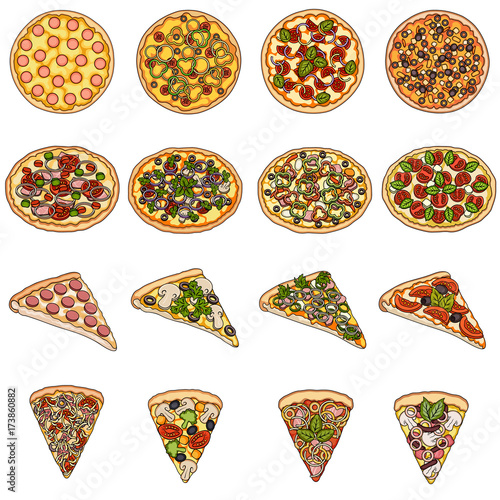 Pizza,slice with meat, cheese and other filling. Different pizza set collection icons in cartoon style vector symbol stock illustration web.