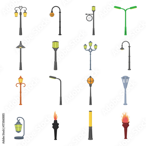 Lamppost in retro style,modern lantern, torch and other types of streetlights. Lamppost set collection icons in cartoon style vector symbol stock illustration web.