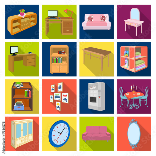 Coffee maker, sofa, mirror, table service in the restaurant and other web icon in flat style isometric. Interior and office furniture icons in set collection.