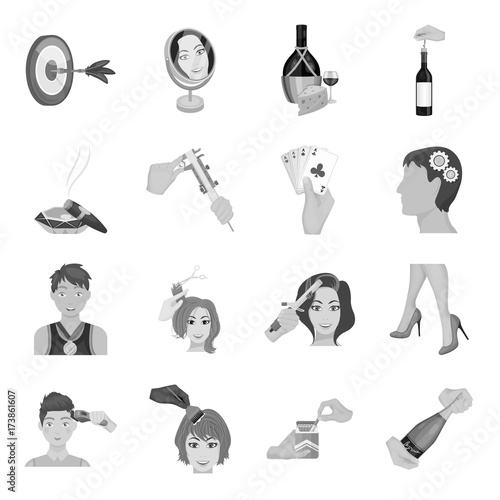 Darts, mirror with reflection, cigar in an ashtray, a bottle of champagne and other web icon in monochrome style. Combination of cards in hand, a bottle of wine and a glass, hair cutting, heeled shoes