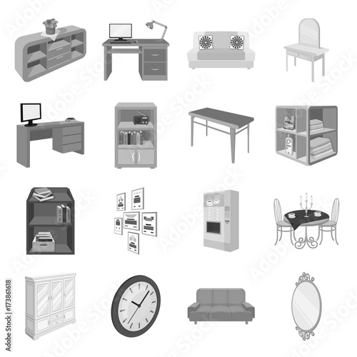 Coffee maker, sofa, mirror, table service in the restaurant and other web icon in monochrome style isometric. Interior and office furniture icons in set collection.