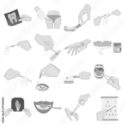 Anesthetic injection, examination of the tooth and other web icon in monochrome style. wound treatment, vision check icons in set collection.