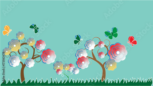 flower with trees and grass. cut paper art