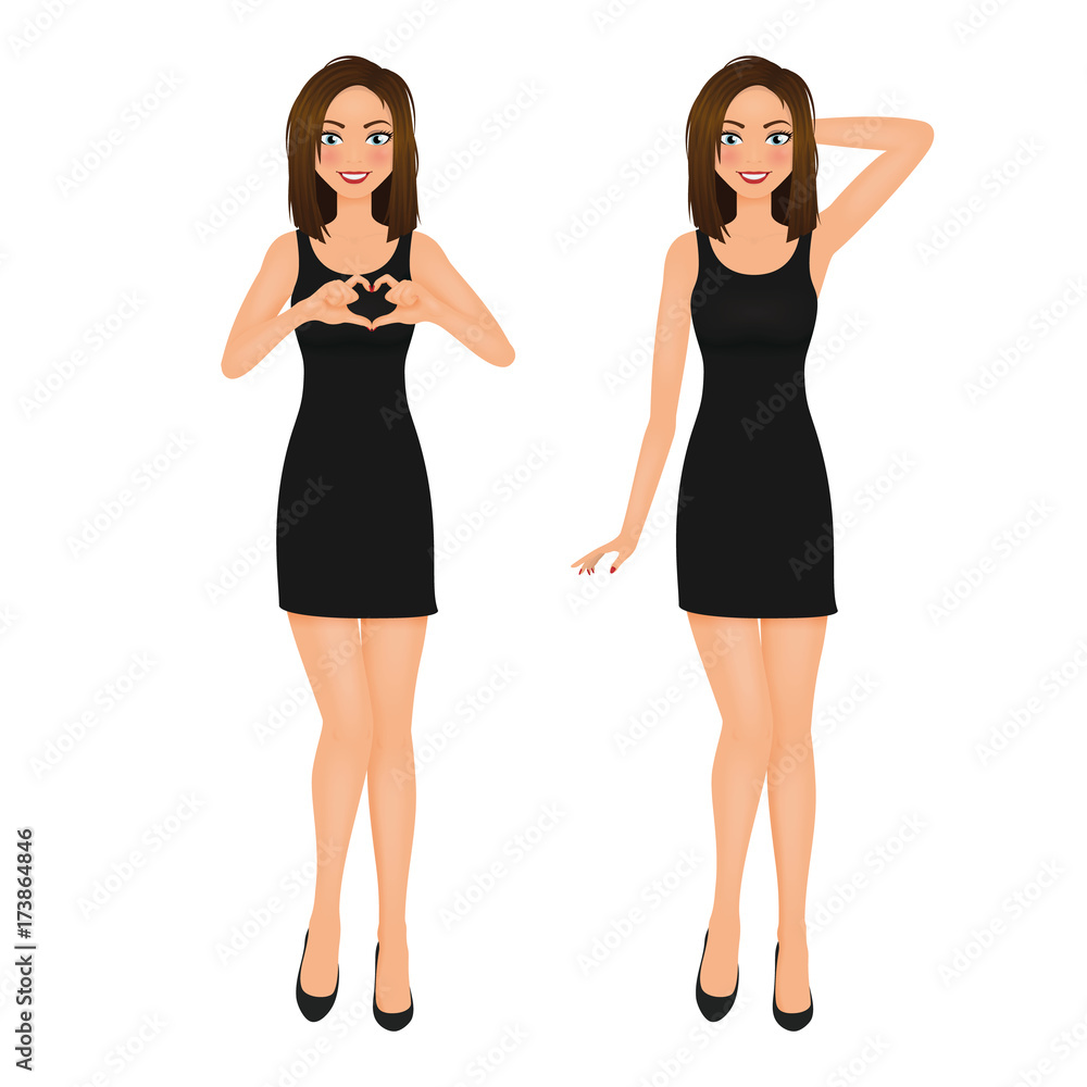 Woman in short black evening dress make heart by the hand. Vector illustration. Female fashion model. Woman in short black evening dress make heart by the hand. Vector illustration. Female fashion model.