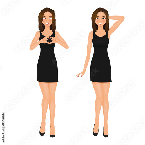 Woman in short black evening dress make heart by the hand. Vector illustration. Female fashion model.