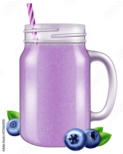 Blueberry juice / smoothie in a mason jar mug. Vector illustration.