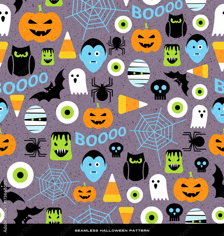Seamless pattern of various cute halloween icons. For web backgrounds, fabrics, wrapping paper, decoration.