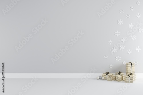 Christmas concept interior room with giftbox set for copy space. minimal concept.