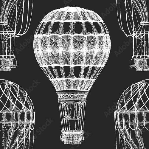Vintage balloon Vector image on blackboard Chalk Illustration Seamless vector pattern with hot air balloon Balloon festival