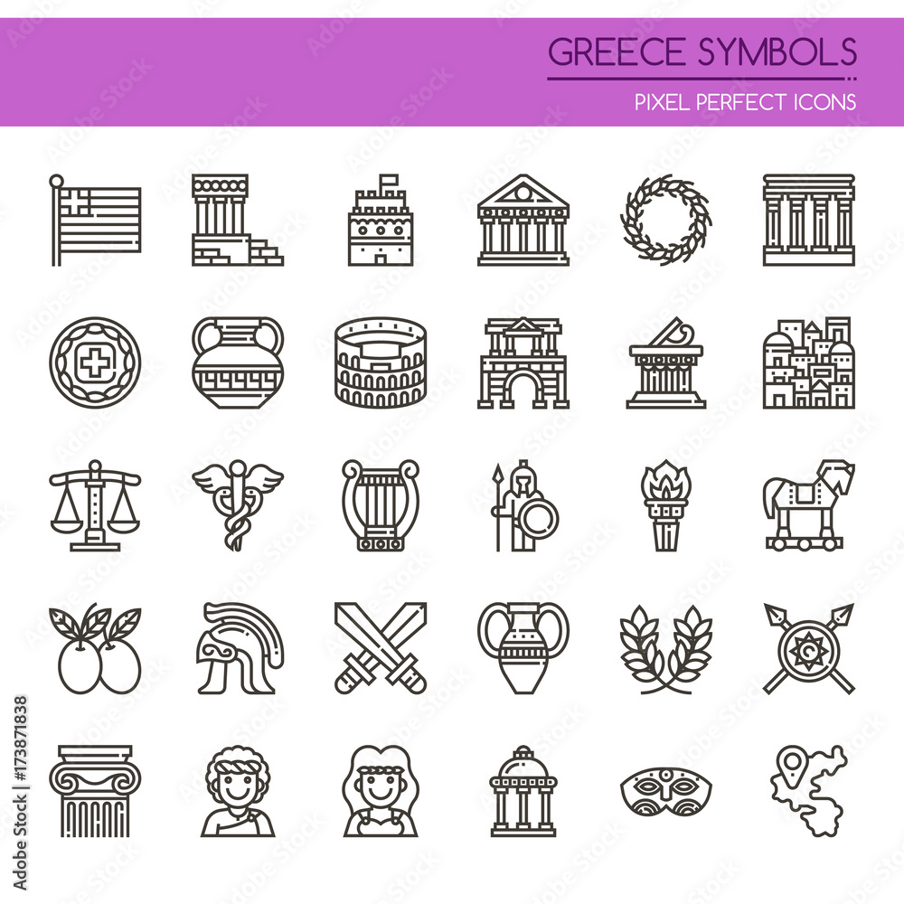 Greece Symbols , Thin Line and Pixel Perfect Icons.