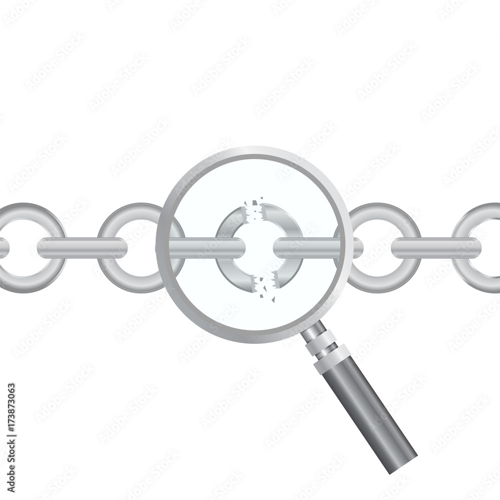 Vulnerability search. SEO optimization,web analytics, programming process elements. IT Security Concept. Vector illustration. Magnifier and torn chain Vulnerability search. SEO optimization,web analytics, programming process elements. IT Security Concept. Vector illustration. Magnifier and torn chain