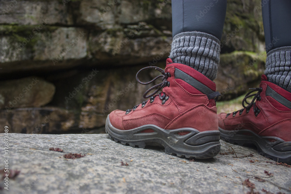 girl in red hiking boots with socks and legging girl in red hiking boots with socks and legging