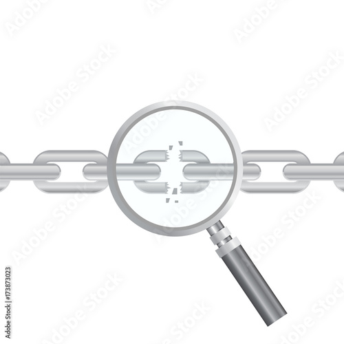 Vulnerability search. SEO optimization,web analytics, programming process  elements. IT Security Concept. Vector illustration. Magnifier and torn chain