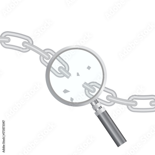 Vulnerability search. SEO optimization,web analytics, programming process  elements. IT Security Concept. Vector illustration. Magnifier and torn chain