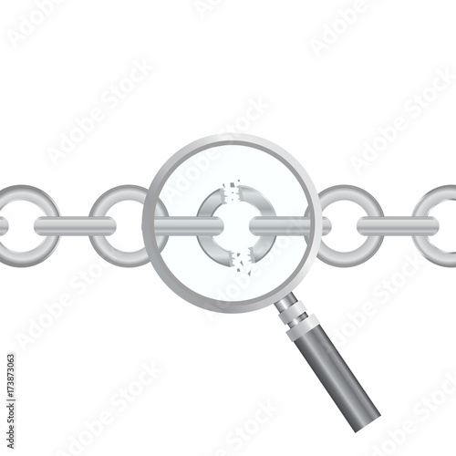 Vulnerability search. SEO optimization,web analytics, programming process  elements. IT Security Concept. Vector illustration. Magnifier and torn chain