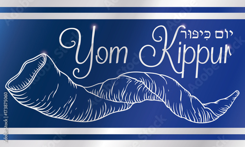 Hand Drawn Shofar over Stripes in Tallit for Yom Kippur, Vector Illustration