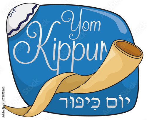 Traditional Shofar Horn and Kippah to Celebrate Yom Kippur, Vector Illustration