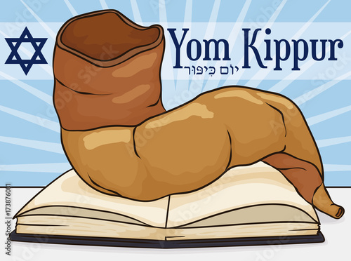 Shofar Horn over Sacred Book for Jewish Yom Kippur, Vector Illustration