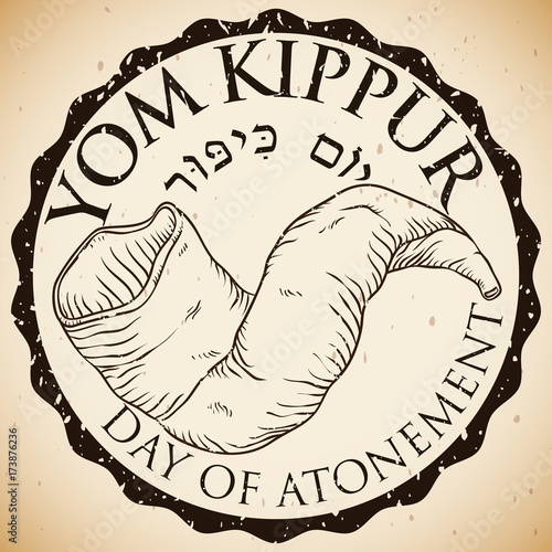 Commemorative Stamp with Hand Drawn Shofar Horn for Yom Kippur, Vector Illustration
