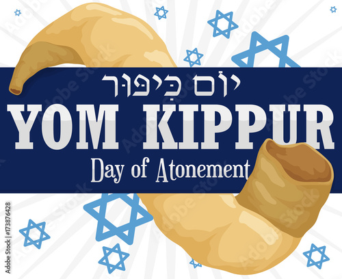 Obraz na plátne Ribbon across Shofar Horn and Stars for Yom Kippur, Vector Illustration