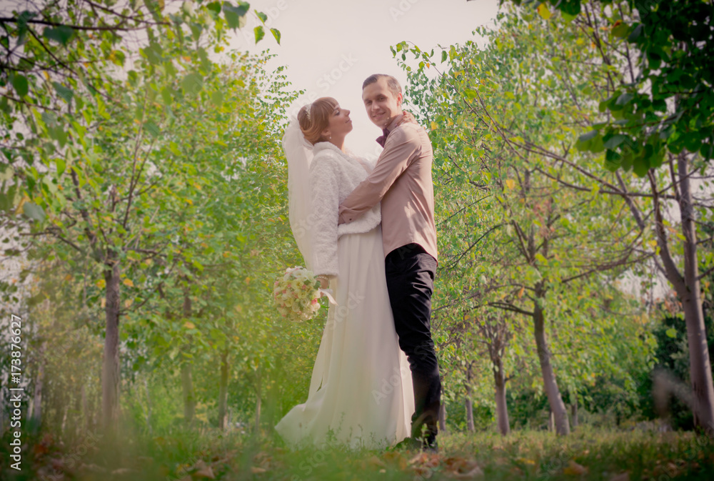 Young happy bride and groom in autumn sunny park Young happy bride and groom in autumn sunny park