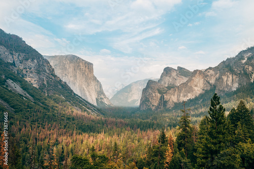 amazing view of yosemite valley with el capitan mountain at background photo