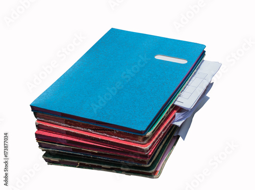 Pile of papers with document file isolated bound with string on white background