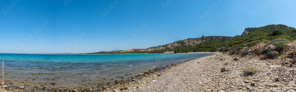 High Resolution panoramic view of ANZAC cove, site of World War I landing of the ANZACs on the Gallipoli peninsula in Canakkale Turkey