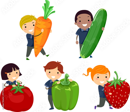 Stickman Kids Fruits Vegetables Illustration