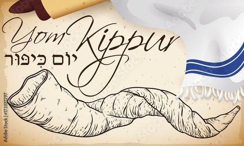 Photo Hand Drawn Shofar Horn, Scroll and Tallit for Yom Kippur, Vector Illustration