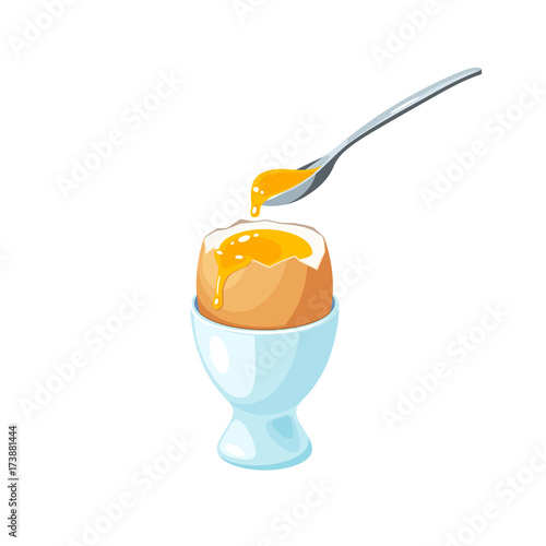 Soft boiled egg in eggshell in egg holder. Metal spoon with liquid yolk. Vector illustration cartoon flat icon isolated on white.