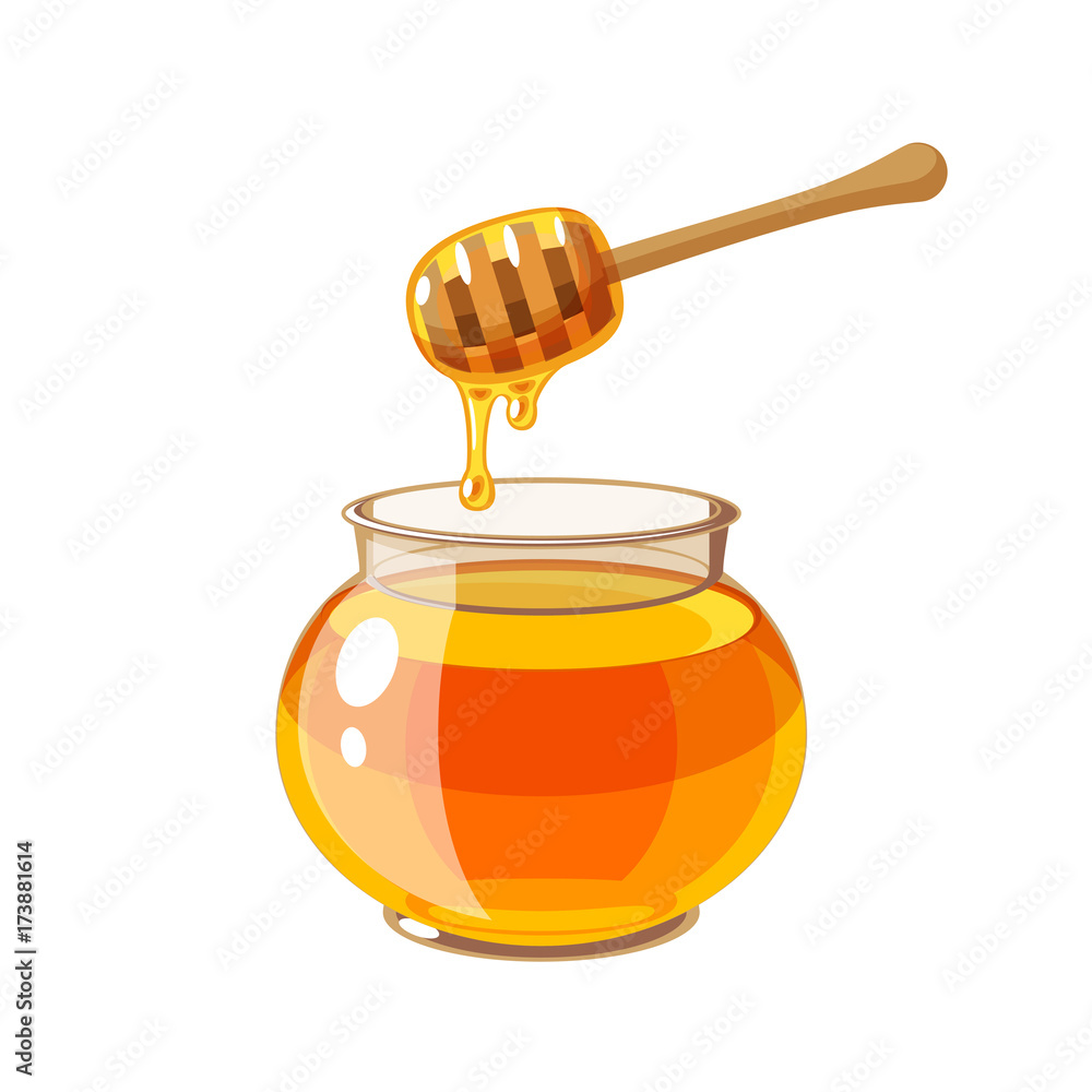 A glass pot full of honey and honey dipper. Vector illustration cartoon