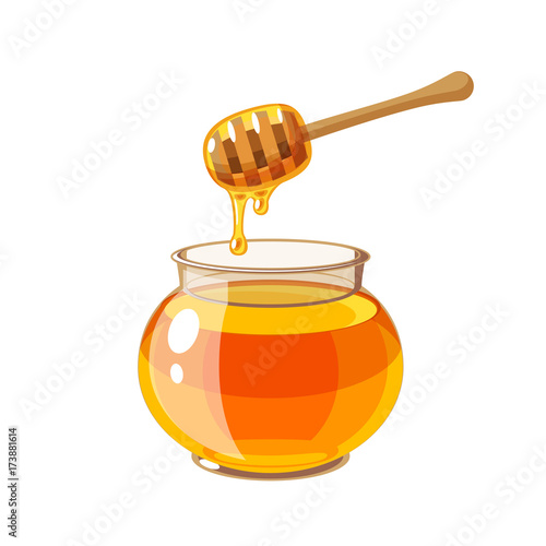 A glass pot full of honey and honey dipper. Vector illustration cartoon flat icon isolated on white.