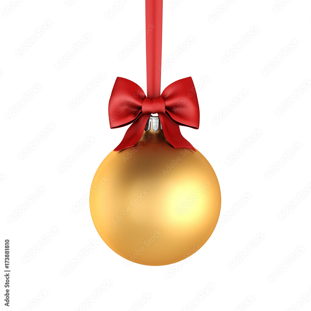 3D rendering golden Christmas ball with red ribbon and bow 3D rendering golden Christmas ball with red ribbon and bow