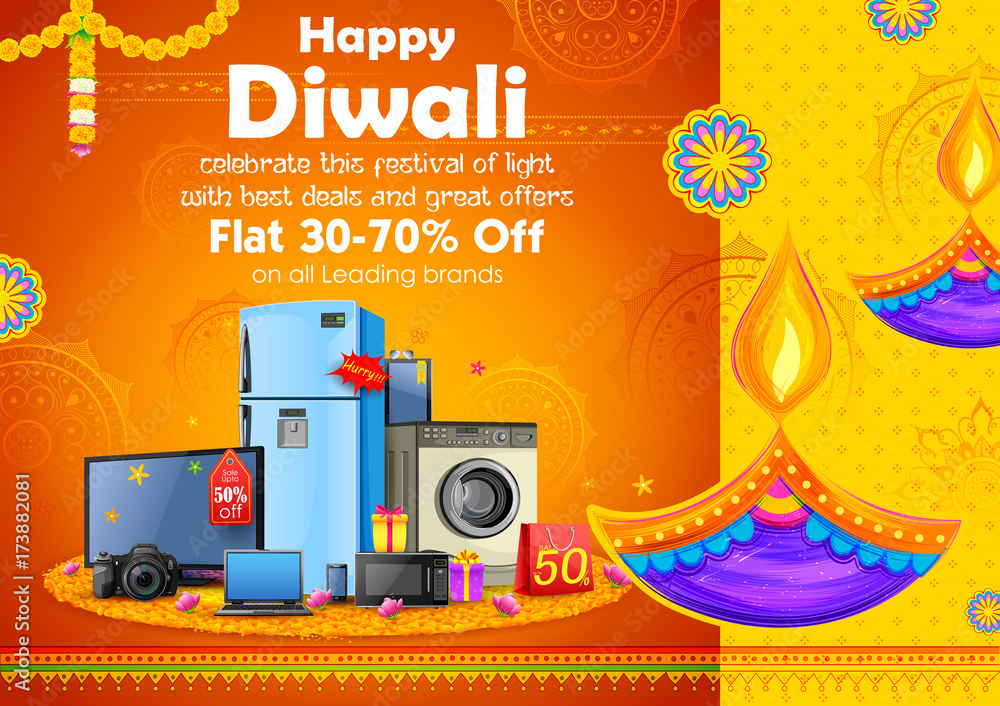 Fototapeta premium Burning diya on Happy Diwali Holiday Sale promotion advertisement background for light festival of India