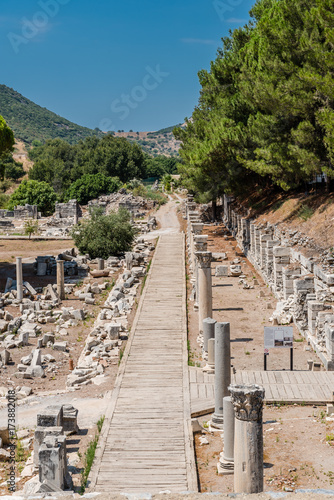 View of streets in the ruins of Ephesus, Selcuk, Izmir, Turkey.Harbour Baths