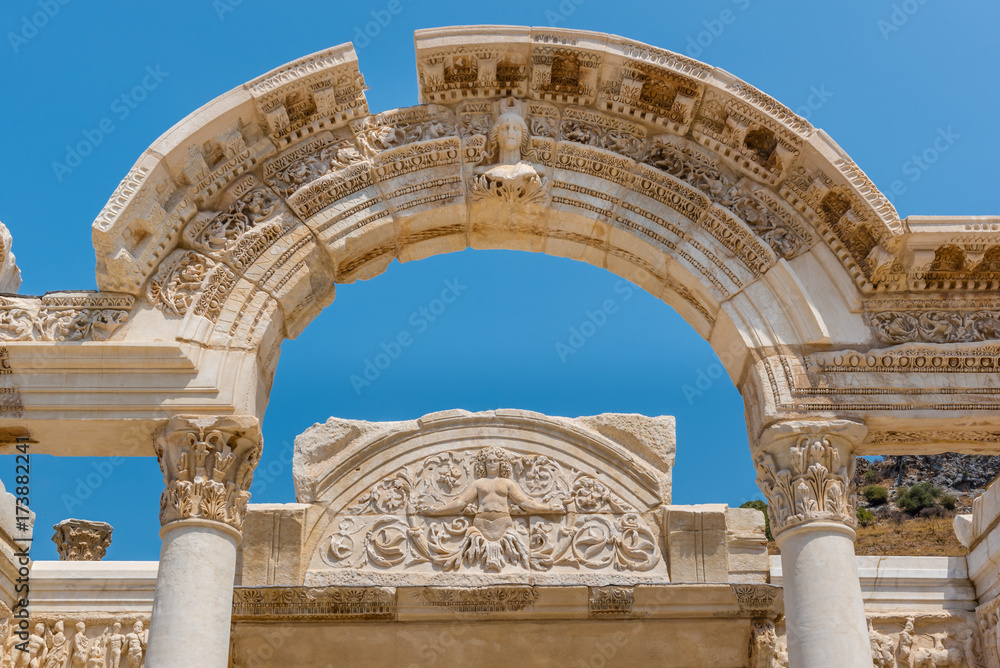 Detailed view of Hadrian Temple at Ephesus historical ancient city, in Selcuk,Izmir,Turkey.