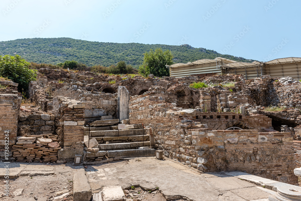 General view of marble Ruins in Ephesus historical ancient city, in Selcuk,Izmir,Turkey.