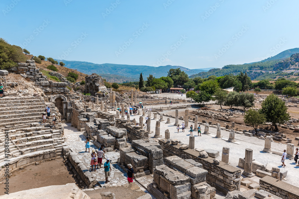 People visit Odeon (Bouleuterion) at ancient ruins at Ephesus historical ancient city, in Selcuk,Izmir,Turkey:20 August 2017