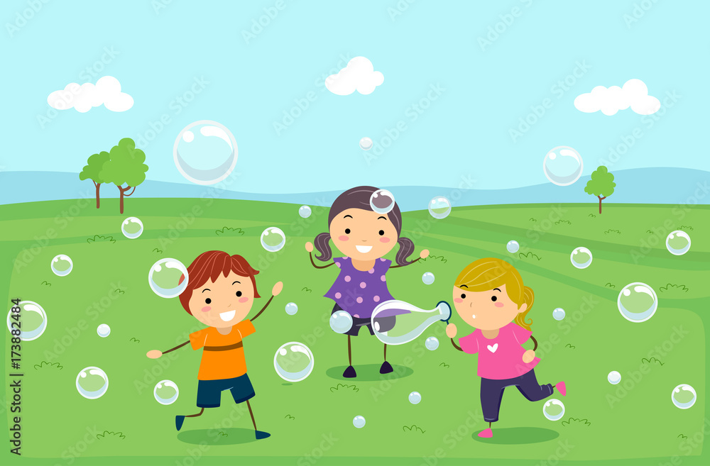 Stickman Kids Play Bubbles Illustration