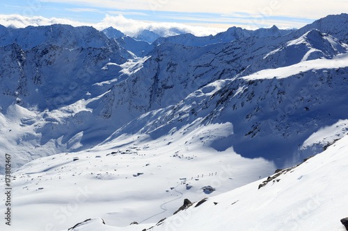 Group of people ski mountaineering and mountain snow panorama in Stubai Alps  Austria