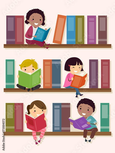 Stickman Kids Book Shelves Reading Illustration