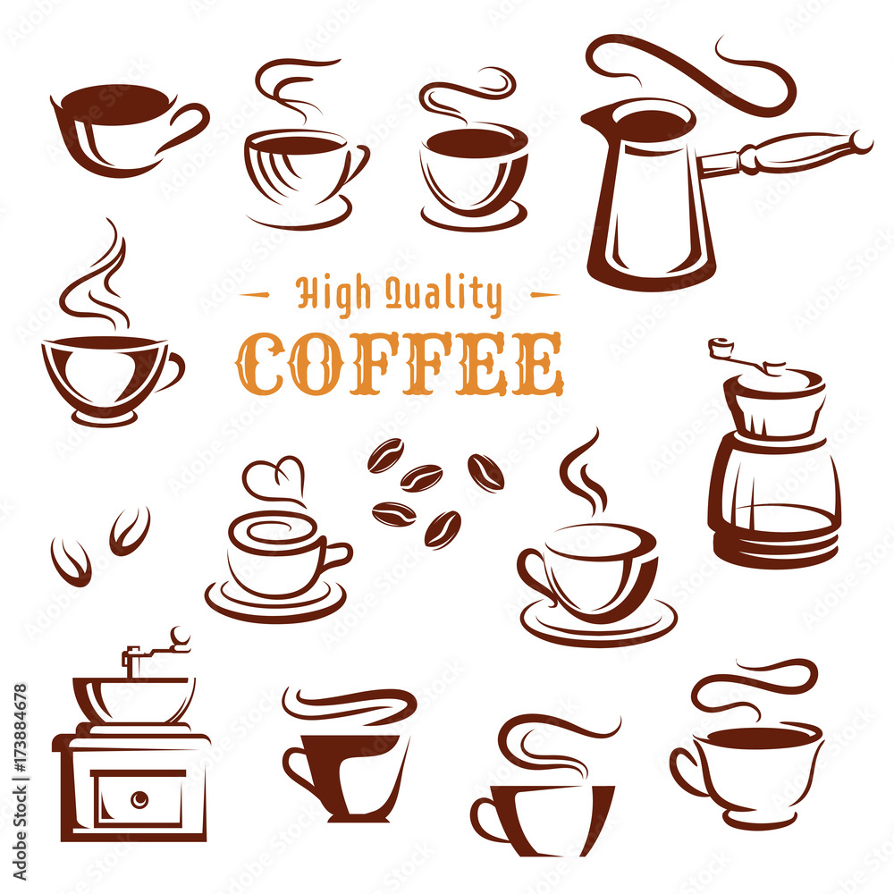 Obraz premium Vector icons set of coffee cups and makers