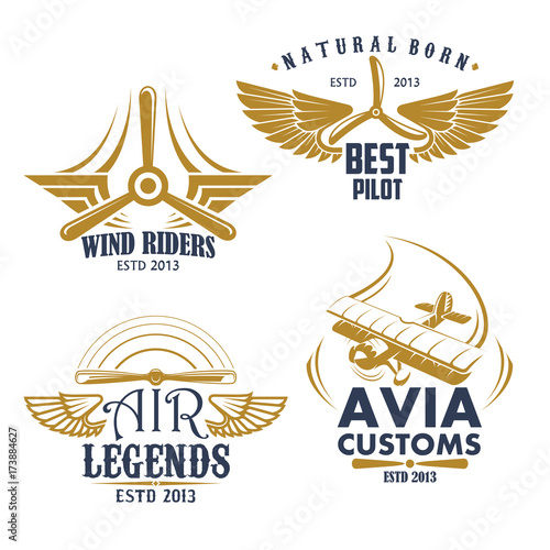 Vector retro icons for aviation airplane pilots
