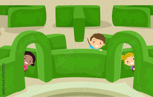 Stickman Kids Maze Garden Peek Illustration